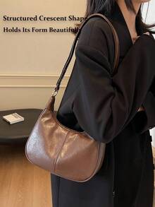 Women's Crescent Shoulder Bag, Made Of Solid Color Waterproof PU Fabric, Quilted Design, Minimalist Large Capacity Casual Travel Bag, Suitable For Travel, Shopping, Commuting And Work - Cà phê - Xem 8