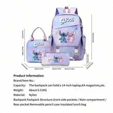 Miniso Disney Lilo & Stitch 3-In-1 Student Backpack Set, Includes Backpack + Lunch Bag + Pencil Case, Perfect Back-To-School Gift - Purple - View 4