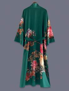 Japanese Style Rose Floral Print Mid-Length 3/4 Sleeve Kimono Cover Up Thin Outerwear For Women, European And American Elegant Party, Street, Casual, Beach, Resort Wear, Lightweight Robe, Bathrobe, Dress - Green - View 3