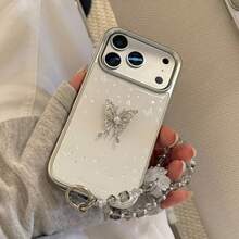 GUCADI 银边 3D 银蝴蝶 + 灰色水晶挂绳，奢华风格，适用于 17 Pro Max、17、Apple 15，镀金银蝴蝶，14 英寸防摔，16 英寸带挂链，创意、几何、艺术、清新、小众、奢华风格、ins 风 - 銀色 - 查看 11