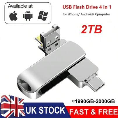 4 In 1 2TB USB 3.0 Flash Drive Memory Stick For IPhone 13 14 15 16 Pro Max