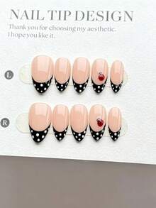 10 Pieces Of Handmade Press-On Nails, Short Almond-Shaped Stick-On False Nails. Fashionable And Styles Feature Hand-Painted Cute Ladybug Patterns And Hand-Painted White Polka Dots, With A Classic Black French Design Paired With A Nude Base. These Are High-End White Finished Nail Patches Suitable For Women And Girls For Daily Wear, Reusable, And Come With A Tool Kit. - Black - View 10