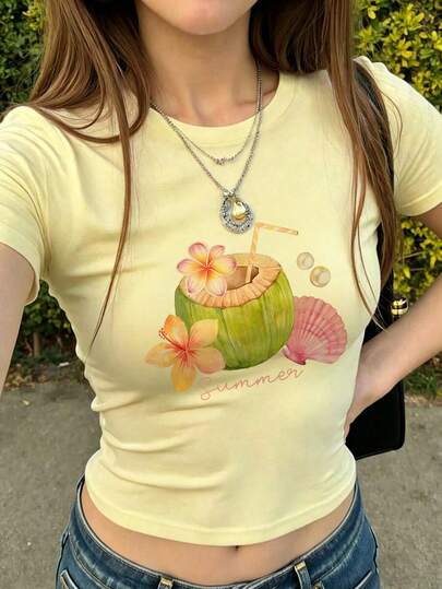 女士短袖露脐T恤，水彩椰子、芙蓉花和贝壳印花，印有“Summer”字样，沙滩风，柔软透气的圆领露脐上衣，是夏季休闲外出的理想之选，热带图案T恤，适合女士和青少年度假穿着。
