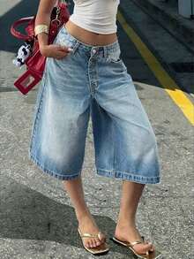 Spring/Summer Casual Versatile Streetwear Light Wash Low Waist Zipper & Button Closure Women Straight Leg Denim Shorts - Giặt nhẹ - Xem 2