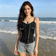 Casual Summer Y2K Top Seller: Black Distressed Gothic Steampunk Corset, Vintage Punk Style Bustier With Adjustable Straps For Edgy Daytime Looks - 黑色 - 查看 3