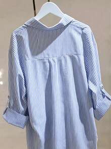 Women's Casual Striped Loose Shirt, Roll-Up Sleeves With Cuff Buttons, Suitable For Vacation And Outings, All Seasons - Blue and White - View 2