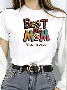 Women's T-Shirt| Leopard Print Vintage Color-Block Text Print T-Shirt| Soft, Breathable, And Comfortable Fabric| "Puppy Mom's Love" Themed Print| Gift For Friends, Best Friends, Family| Spring Gift - 白色 - 查看 1