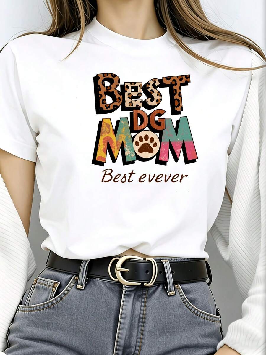Women's T-Shirt| Leopard Print Vintage Color-Block Text Print T-Shirt| Soft, Breathable, And Comfortable Fabric| "Puppy Mom's Love" Themed Print| Gift For Friends, Best Friends, Family| Spring Gift - 白色 - 查看 1