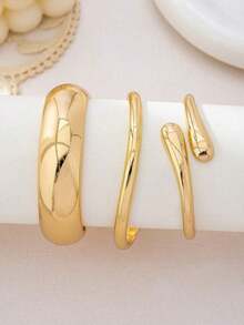 3pcs/1set Minimalist Geometric Asymmetrical Teardrop Thick Textured Gold-Tone Bangle Bracelet Set, Suitable For Women, Chunky Smooth Matte Heavy Metal & Zinc Alloy Material - Vàng - Xem 4