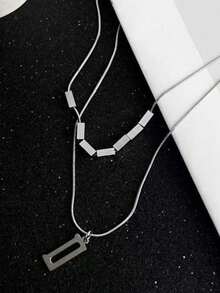 2 piezas Conjunto de collares de acero de titanio para hombres, cadena de hueso de serpiente minimalista y colgante rectangular, collar de varias capas, regalo de joyería de moda para hombres - Plateado - Ver 2