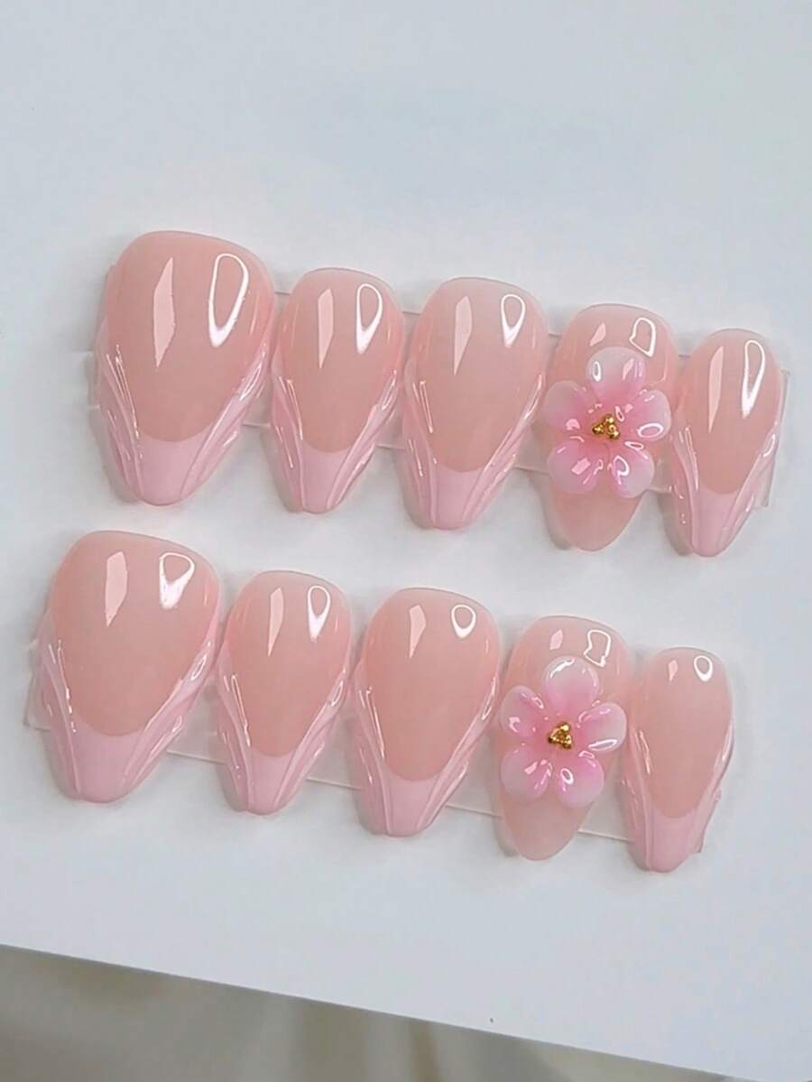 10 miếng móng giả hình hạnh nhân 3D màu hồng, kiểu dáng dễ thương phong cách Y2K tối giản, đa năng, làm thủ công, phù hợp sử dụng hàng ngày, phụ kiện móng giả dán. - Hồng - Xem 1