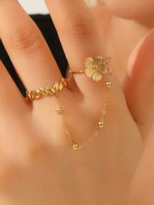 1pc Fashionable Unique Personalized Stainless Steel Gold-Plated Adjustable Ring, Delicate Waterproof Daily Wear & Wedding Party Jewelry Gift For Women - Gold - View 6