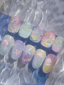 1张可爱全息5D海洋美甲贴纸，图案包括水母、海星、瓶子和泡泡，自粘式美甲贴花，适合DIY美甲和夏季美甲。 - 彩色 - 查看 4