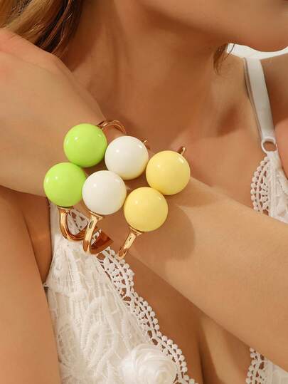 1件加厚亚克力串珠开口手镯，复古豹纹纯色双球金属手镯，Y2K风格可叠戴配饰，适合日常、度假、派对等场合佩戴