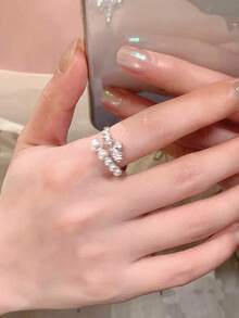 1pc Fashionable Luxury Delicate Niche High-End Faux Pearl & Rhinestone Adjustable Open Ring, Suitable For Women's Daily Wear, Gala, Party, Gift For Girlfriend/Best Friend Birthday - Pearl and Rhinestone Ring - View 6