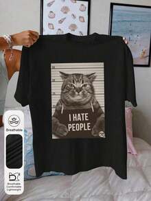 Camiseta casual de manga corta con cuello redondo y estampado de gato divertido para mujer, camiseta de verano casual y de estilo callejero para mujer, camiseta linda color rosa - Negro - Ver 4