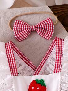 Conjunto de 2 piezas para niña bebé: mono con bordado de fresa, estampado a cuadros, encaje calado, mangas volantes, espalda descubierta y bajo con volantes, con diadema de lazo extragrande, estilo enérgico, lindo, fresco y pastoral - Rojo - Ver 4