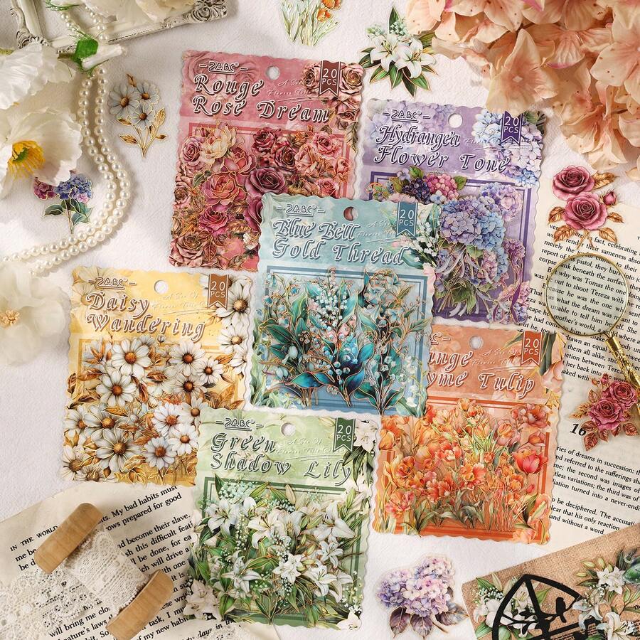 20pcs Gold Foil Floral Pet Sticker Set, Vintage Floral Decorative Stickers For Scrapbooking, Journals, DIY Crafts, Notebook Decoration Scrapbook Supplies