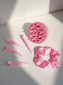 10件/4件/3件美发造型工具套装，200毫升连续喷雾瓶，透明喷雾瓶，经典3件套梳子（直发梳、尖尾梳、双面梳），圆形洗发按摩梳，鸭嘴夹，缎面发圈，夏季造型工具，女士配饰组合（粉色和紫色） - 粉色 - 查看 8