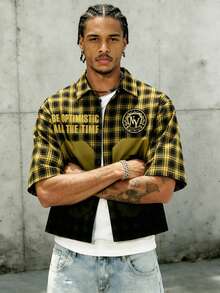 Men's Yellow Plaid "NY 89" Slogan Print Short Sleeve Button-Down Shirt, Retro Street Style - Yellow - View 3
