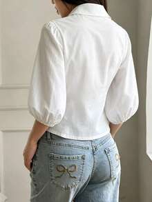 Short Waist Cinched Puff Sleeve White Blouse Women, Collared Single-Breasted V-Neck Top, Commuter Versatile Slimming Shirt - White - View 4