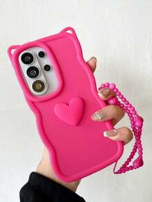 1个可爱亮粉色3D猫耳爱心波浪边硅胶手机壳，配爱心串珠挂绳，防震、防滑、防刮，兼容三星S20/21/22/23/24/25系列、Note 14/13/12系列和A56 5G，国际版，非本地版，是生日、节日和母亲节的理想礼物。 - 玫紅色 - 查看 4