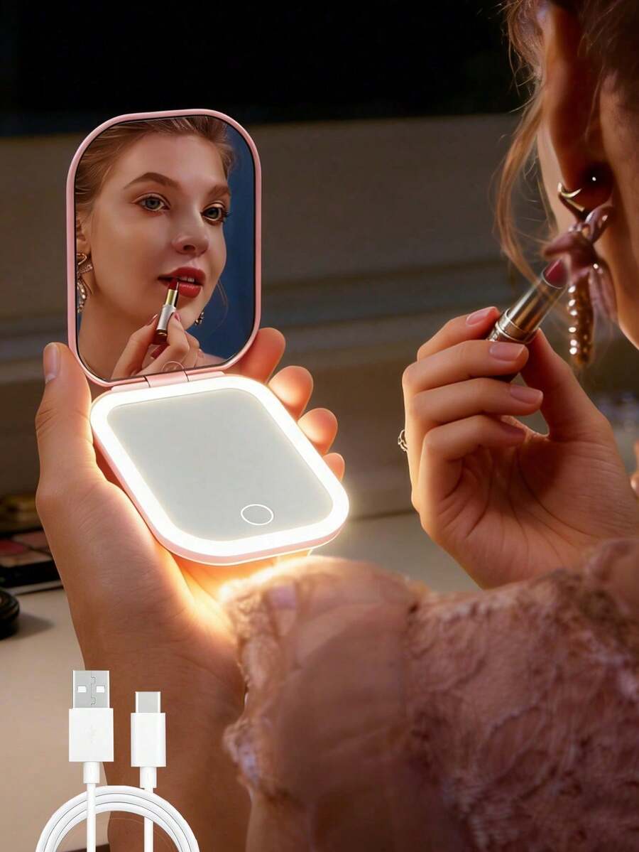 Miroir de maquillage LED portable et pliable, à main, rechargeable par USB, à double face, compact et portable, avec éclairage. Miroir de maquillage portable pliable avec lumière, de taille portefeuille/poche. Miroir de maquillage décoratif éclairé. Miroir de maquillage LED portable, convient pour la décoration de la maison, la salle de bain, la coiffeuse, la chambre, les voyages, le dortoir - un cadeau charmant pour les filles