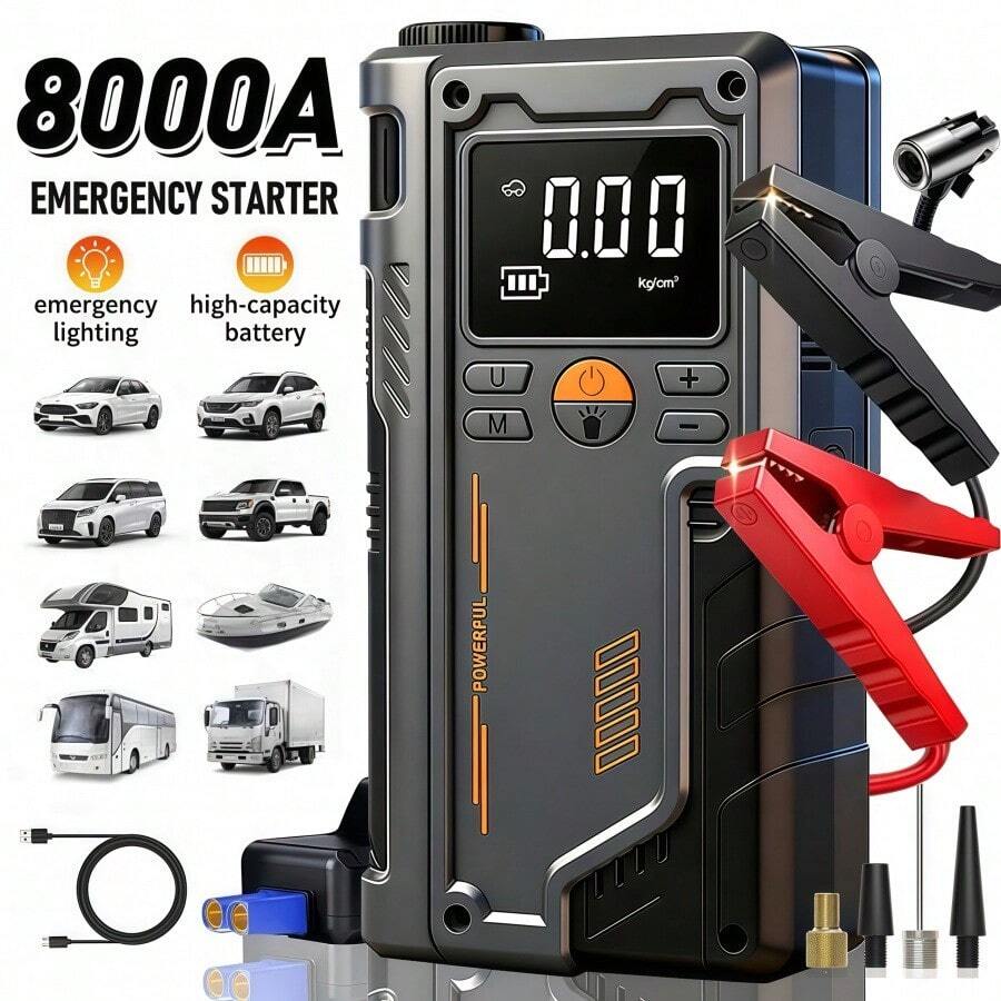 9-In-1 Portable Air Pump With Emergency Jump Starter, USB Charging, Suitable For Car/Bicycle/Motorcycle Tires And Sports Balls, Durable ABS Material
