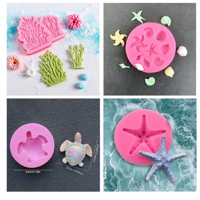 1pc Multiple Pink Creative Mini Ocean Series Shell, Starfish, Turtle, Coral Molds, 3D Handmade Art Decoration Props, Dining Plate Decoration Props, Can Be Made Of Gypsum And Droppable Clay Polymer, With Simple Demolding And Reusable Silicone Molds.