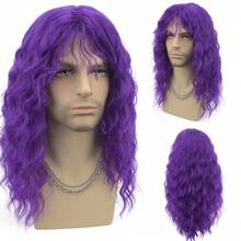 Joyluck 男士紫色长卷发假发，合成纤维假发，带刘海，摇滚风格假发，适合角色扮演、万圣节派对 - 彩色 - 查看 10
