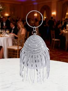 Nueva bolsa de mano con forma de huevo brillante y borlas, bolso de pasarela, bolso de hombro y bandolera perfecto para galas, fiestas y eventos - Plateado - Ver 3