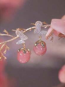 1 Pair Of Fashion, Niche Design, Pink Resin Bead Earrings With Diamond Inlay, Butterfly & Cat-Eye Stone Imitation, Versatile, Ladies Elegant Ear Adornment - 粉色 - 查看 3