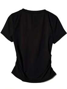 New Women's Pleated Waist-Cinching Round-Neck Short-Sleeve T-Shirt With Los Angeles California Letter Print Design, Stylish And Unique,  Pleated Slim-Fit Top - màu đen - Xem 2