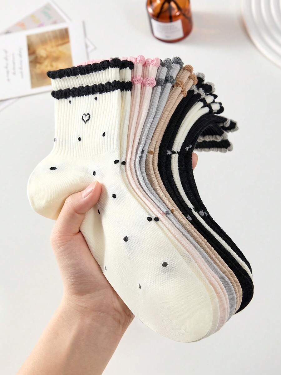 4双装女士可爱爱心波点短袜,荷叶边袜口,白色和黑色休闲舒适中筒袜,学生款,随机颜色赠送,适合日常穿着,春夏款 - 查看 1
