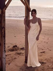 Đầm phù dâu dài gợi cảm, thiết kế dây mảnh hở lưng, khóa kéo, chất liệu vải dệt thanh lịch, phù hợp cho các dịp đặc biệt như đám cưới, mùa xuân. - màu mơ nhạt - Xem 5