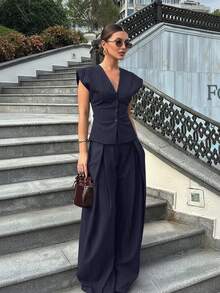 Conjunto de 2 piezas elegante y de moda para mujer, blazer de cuello en V sin mangas a rayas y conjunto de pantalones plisados de pierna ancha, para vacaciones de verano y primavera - Azul Marino - Ver 1