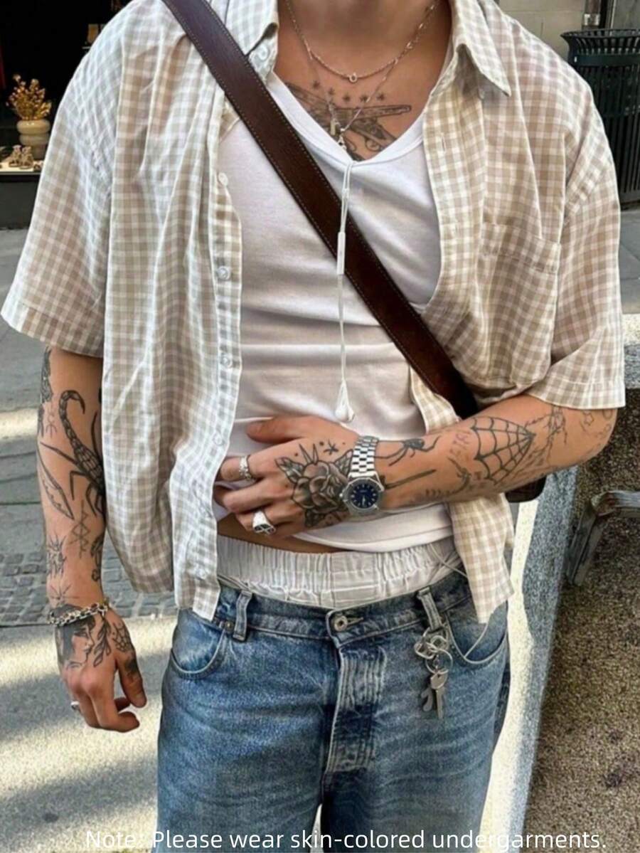 Men's Plaid Short Sleeve Single-Breasted Casual Loose Shirt - Multicolor - View 1
