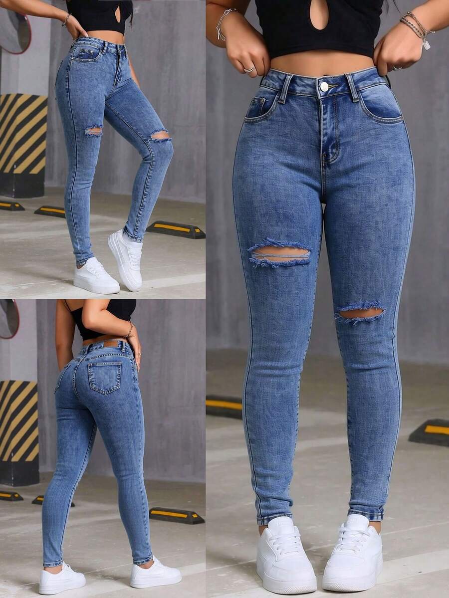 Black Skinny Jeans With Elastic Rips And A Butt-Lifting Effect - Dusty Blue - View 1