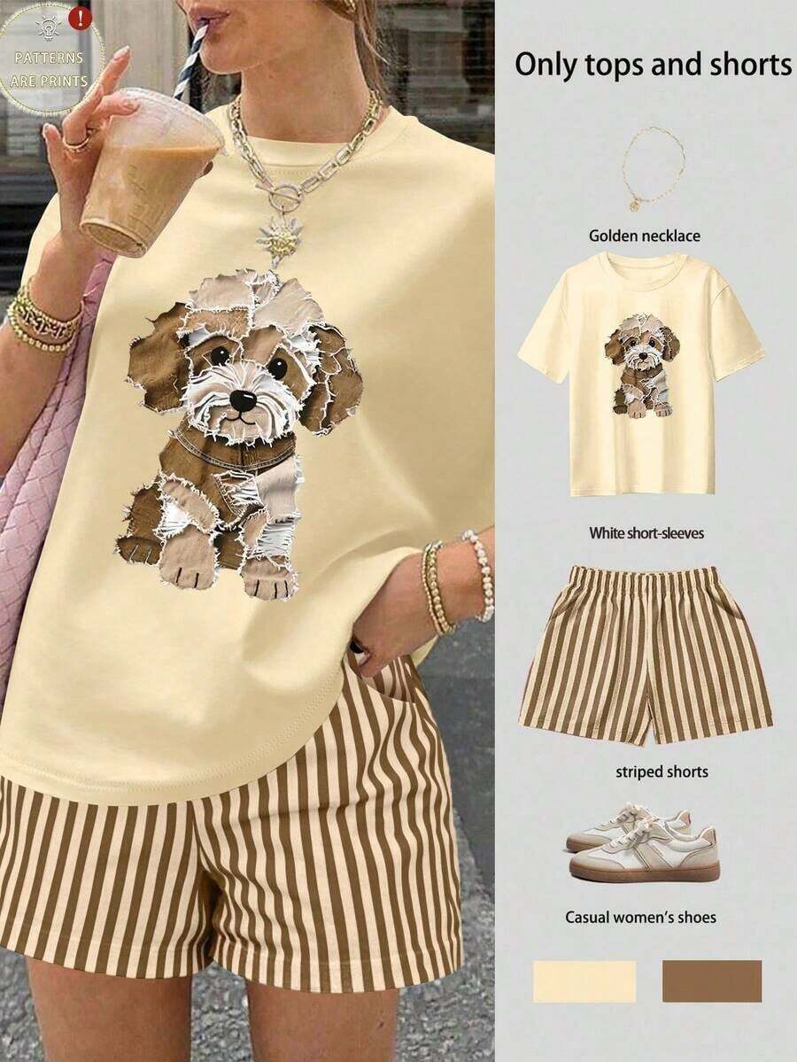 Set de 2 piezas de conjunto casual de verano para mujer con camiseta estampado de limón y shorts a rayas - Caqui - Ver 1