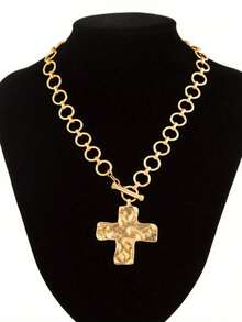 Hammered Bold Cross Necklace Thick Chain Set For Women Men Chunky Golden Silvery Statement Pendant Necklace Vintage Chain Pendant Jewelry - 金色 - 查看 5