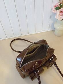 Faux Leather Solid Color Retro Multi-Pocket Large Capacity Women's Shoulder Bag, Comes With Accessory Charm (Accessory Charm May Vary Slightly By Batch) - Coffee Brown - View 7