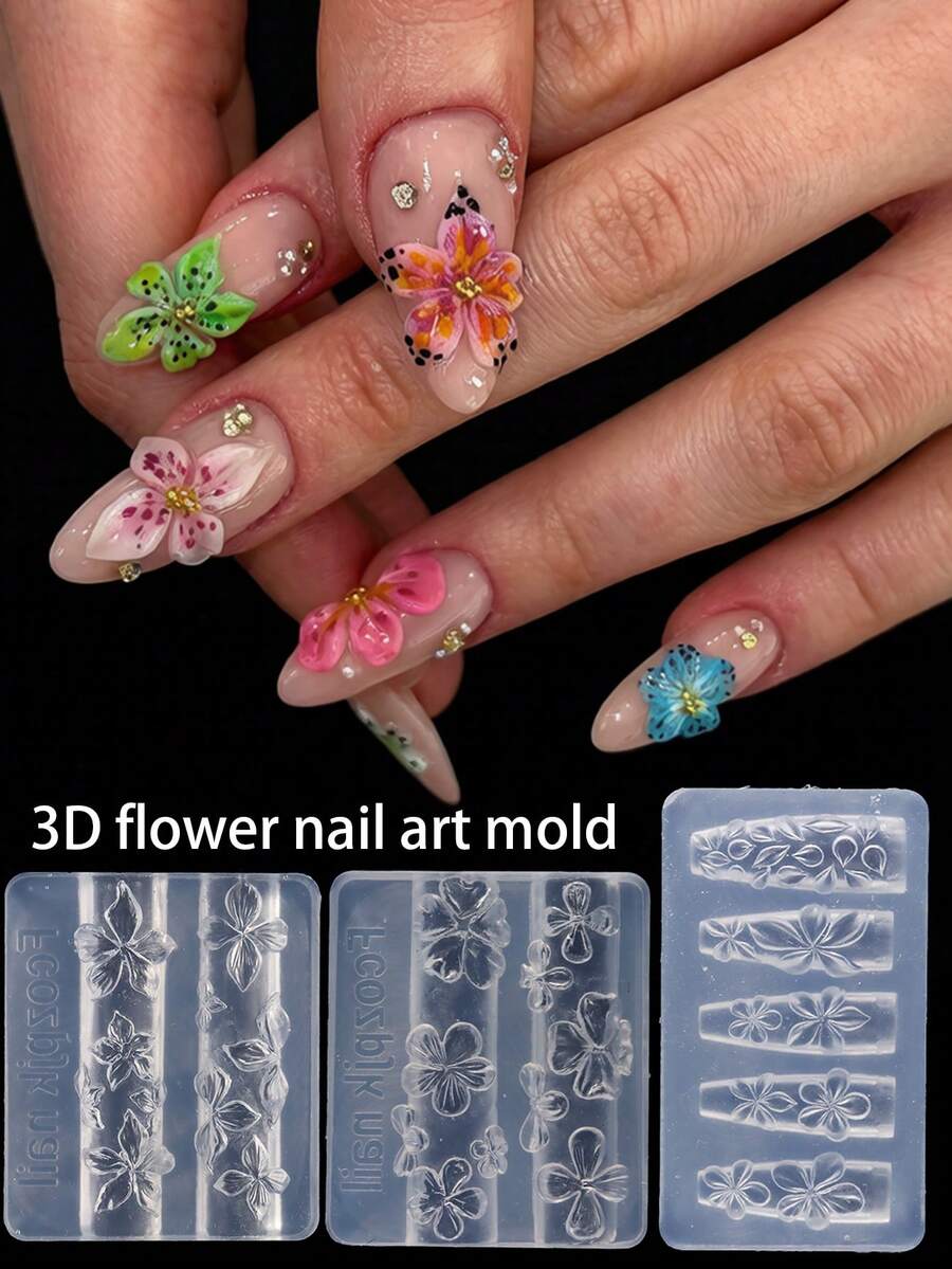 可重复使用的硅胶美甲模具，高浮雕花瓣、兰花、樱花图案，美甲凝胶印花模板，美甲沙龙艺术用品，春季 - 無色 - 查看 1