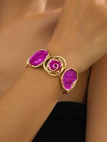 Colorful Painted Oil Geometric Rose Flower Elastic Bracelet, Fashionable Elegant Alloy Bangle For Women - Turquoise - View 12