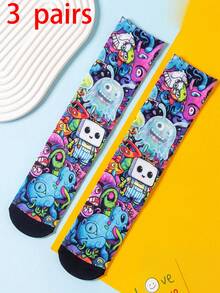1/3 Đôi tất cổ cao phong cách đường phố cho trẻ em, in hình quái vật graffiti, thời trang đường phố sáng tạo, thoáng khí, thấm hút mồ hôi, họa tiết hoạt hình, thích hợp làm quà tặng và mặc hàng ngày. - Nhiều màu - Xem 7