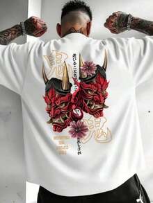 Men's Oni Mask T-Shirt - White Short Sleeve Crew Neck T-Shirt With Red And Gold Demon Print And Kanji Text - Casual Summer Wear, Anime And Manga Style, Machine Washable, Gift, Graphic Tee For Streetwear Lovers, Comfortable Fit - 白色 - 查看 7
