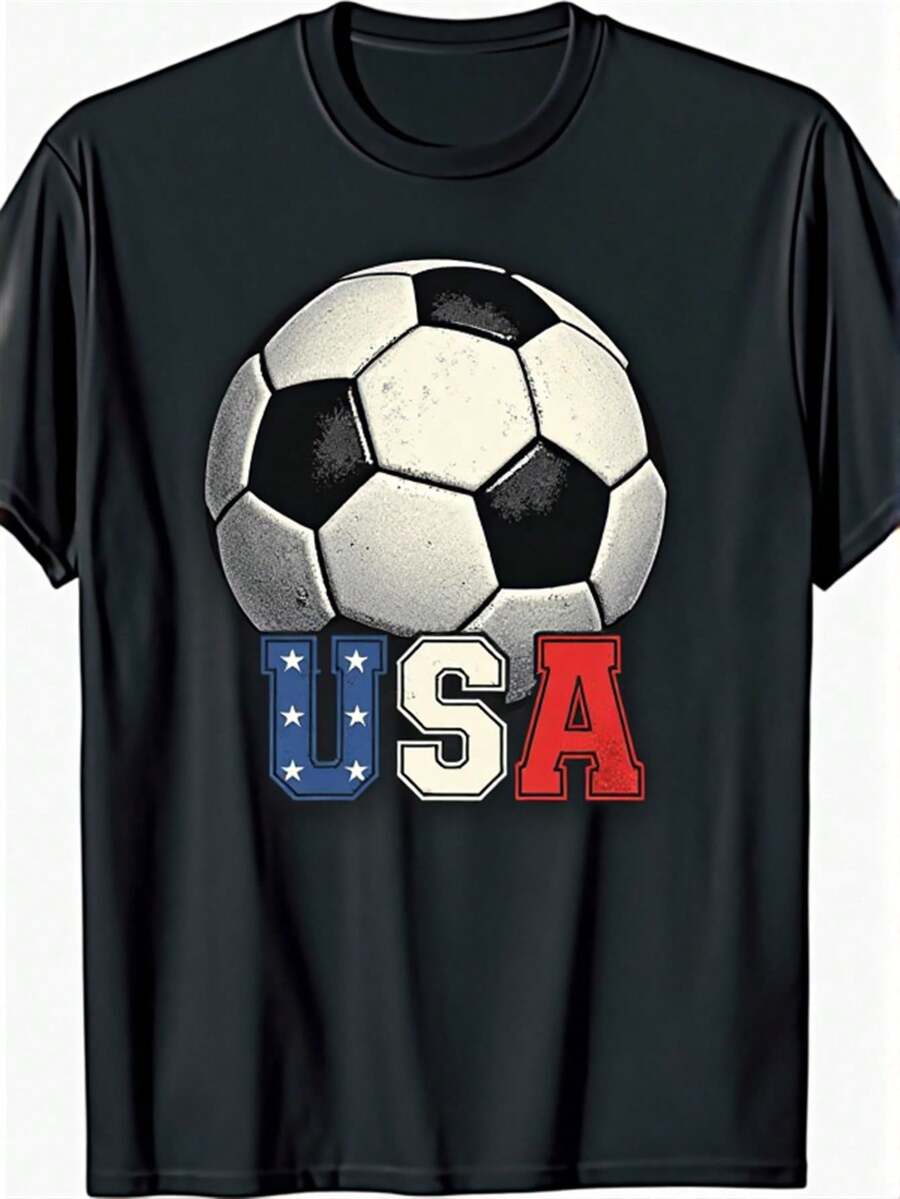Numbered Short-Sleeve Jersey T-Shirt For Men And Women, World Cup Sports Casual Retro American Football T-Shirt - Distressed Vintage Football And American Flag Design, With Football Print, Black And White Team Color Scheme, Suitable For National Team Games And Casual Fan Wear, Machine Washable, A Top Choice For Fan Gifts - Mixed Colors - View 1