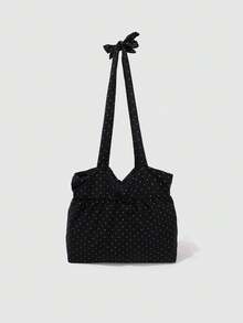 Dedoo Bolso de lona con lunares, bolso de hombro plegable de gran capacidad, adecuado para estudiantes, diseño de cordón con nubes arrugadas, estilo coreano - Negro - Ver 9
