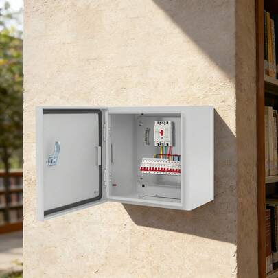30*30*20cm Outdoor Electrical Box, IP65 Distribution Box, Lockable Electrical Junction Box, Suitable For Indoor And Outdoor Applications, Such As Factories, Shopping Malls, Squares, Hotels, Residential Areas, Courtyards, Construction Sites, And Other, Cold-Rolled Steel Plate, Light Grey
