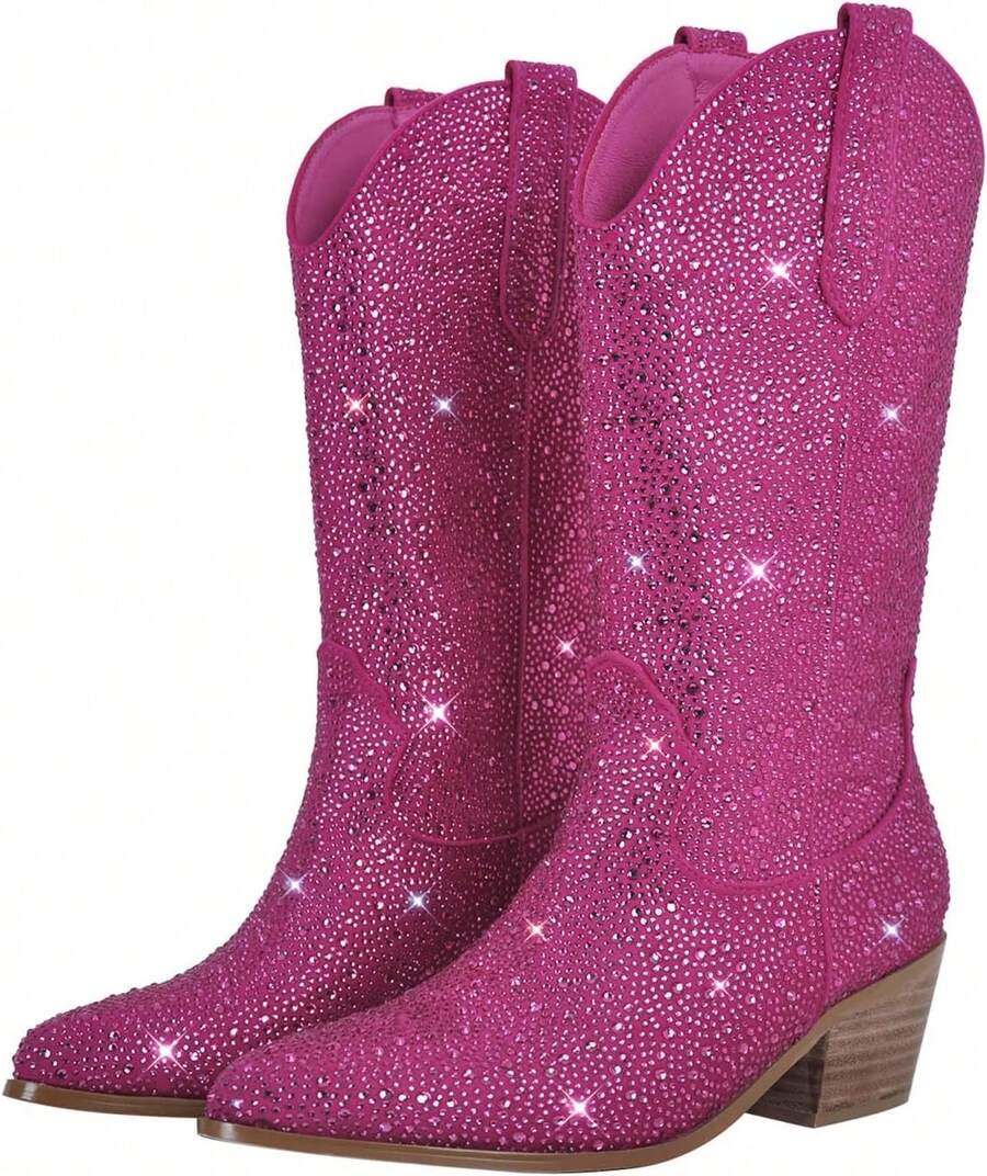 Women's Rhinestone Cowboy Boots, Mid-Calf Western Boots, Sparkling Women's Cowboy Boots, 2-Inch Heel, Slip-On Mid-Calf Boots, Stylish Riding Boots - 紫紅色亮片 - 查看 1