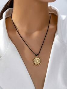 1 pieza Collar de cadena de serpiente de aleación de zinc asimétrico y geométrico hecho a mano - Collar con colgante de sol de cuerda negra - Ver 3